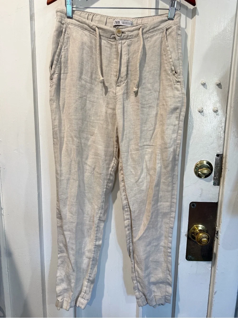 Zara Men Drawstring Linen Jogger Pants - Cream